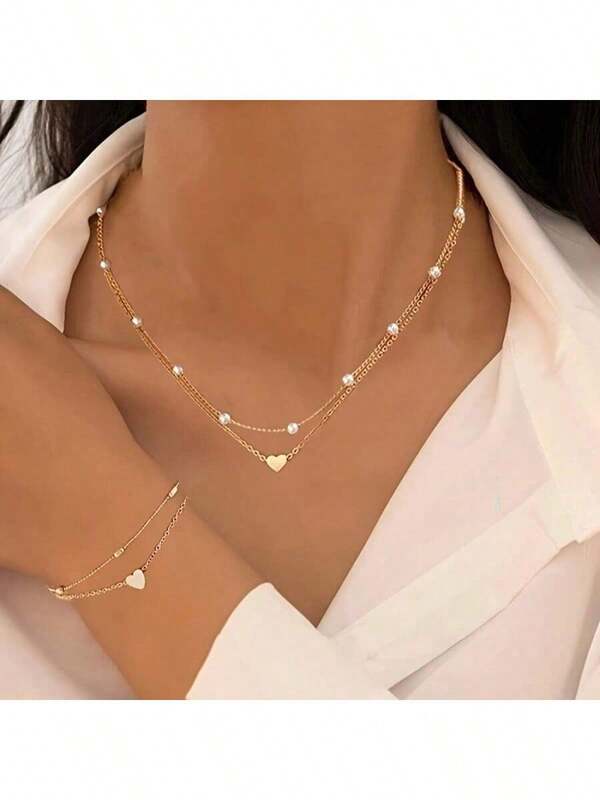 3 Pieces/1 Set Multi-Layer Gold Pearl Heart Jewelry Set Necklace Bracelet Daily Commuting, Dating, Small Gatherings And All-Match Accessories