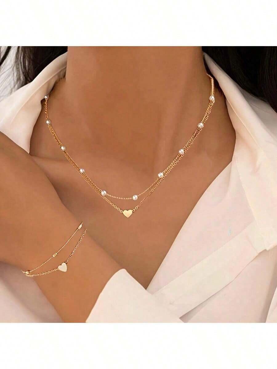 Juego de joyería de 3 piezas/1 set con collar, pulsera y accesorios a juego de perlas doradas multicapa con forma de corazón, ideal para uso diario, citas, reuniones pequeñas y todo tipo de combinaciones