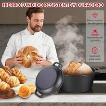 Olla Holandesa de Hierro Fundido, Sartén 2 en 1 con Tapa, Olla Holandesa de 5L con Asa, Adecuada para Hornear, Freír, Asar, Acampar y Varias Estufas (26x21cm) - Negro-B - Ver 6
