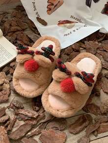 XIXITIAO 1 para uroczych pluszowych kapci z poroża renifera w kolorze czerwonym, unisexowe kapcie domowe z miękką podeszwą, kapcie dla pary, świąteczne płaskie kapcie z motywem renifera w kolorze czerwonym, wygodne i modne lekkie kapcie domowe - Brązowy - Zobacz 10