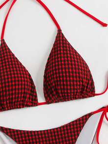 Bộ bikini hai mảnh màu đỏ kẻ caro gợi cảm dành cho nữ, quần bơi buộc dây bên hông, chất liệu hơi co giãn, thích hợp cho kỳ nghỉ. - Đỏ - Xem 3