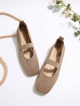 女士编织玛丽珍平底鞋，纯色方头舒适优雅针织休闲乐福鞋