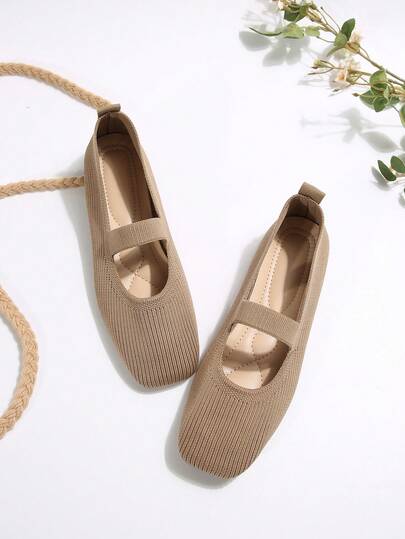 Women's Woven Mary Jane Flat Shoes, Solid Color Square Toe Shoes, Comfortable Elegant Knitted Casual Flats, School Shoes, Casual Shoes For Women