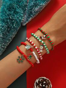 5pcs/Set Christmas Santa Claus & Snowflake Shaped Pendant Bracelets, Lucky Charm Jewelry Set, Christmas Gift - Rice Bead Set - View 4