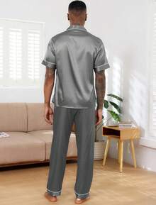 Mens Silk Pajama Set, Short Sleeve Silk Satin Pajamas For Men Soft Mens Loungewear Sets 2 Piece Button Down Pjs Sethalloween - Striped Black - View 4