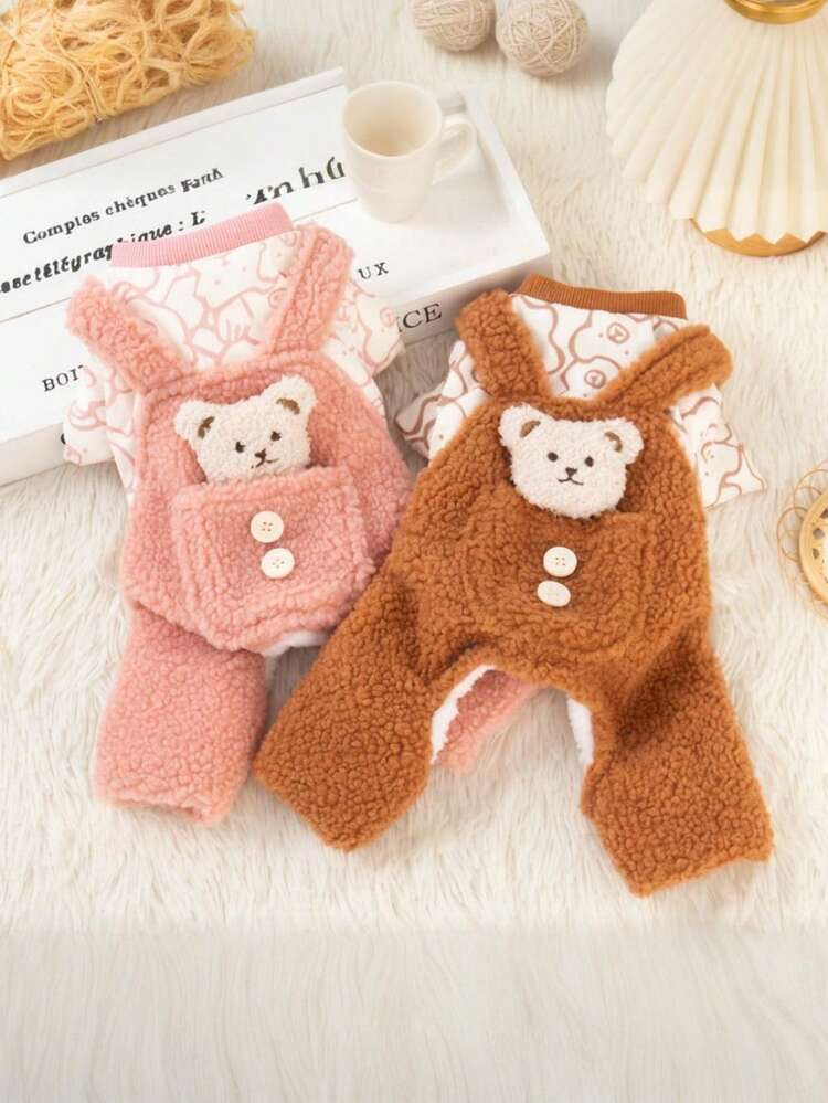 1件纯色宠物连体衣，可爱毛绒设计，犬猫服装，秋冬季保暖内衬连体衣，带按扣，适合犬猫穿着 - 粉色 - 查看 4