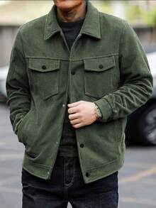 Nouvelle veste en velours côtelé pour l'automne et l'hiver. Veste décontractée à col cranté de couleur unie, polyvalente pour les personnes d'âge moyen et les jeunes - Militaire verte - Voir 9