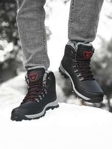 Men's Winter Snow Boots, Size 36, Slip-Resistant Thermal Lined, Plus Size 47, Mid-Top Outdoor Warm Hiking Boots Size 48, Waterproof Upper, Soft Shock-Absorbing Comfortable, Black And Gray, Suitable For Daily Wear, Outdoor Hiking, Trekking, And Snow Walking In Cold Winter Weather
