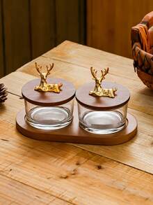 1件套豪华甜品碗配红木托盘，家用水果盘，小吃托盘，客厅隔间果盘，茶室玻璃碗甜点，红木托盘，礼物 - 金色 - 查看 14