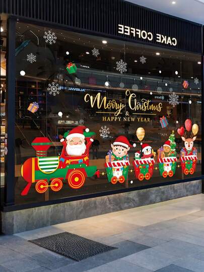 1pc Christmas Window Stickers, Removable Santa Claus, Reindeer, Gingerbread Man, Elf, Christmas Train, Christmas Snowflake Window Stickers For Office, School, Home Windows, Glass Decoration