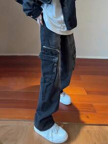 Black Pants Men's Pocket Workwear Jeans Men's Loose Straight Leg High Street American Curved Knife Micro Flared Pants