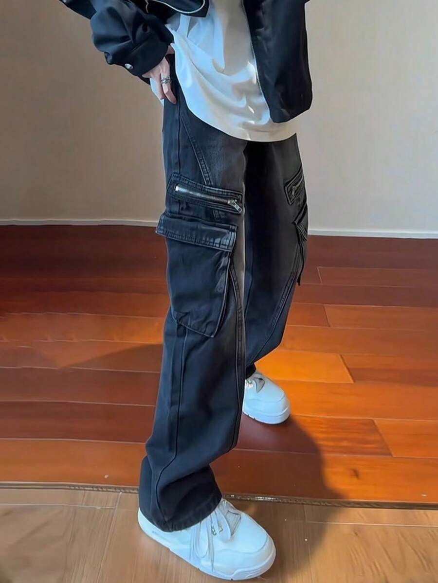 Black Pants Men's Pocket Workwear Jeans Men's Loose Straight Leg High Street American Curved Knife Micro Flared Pants