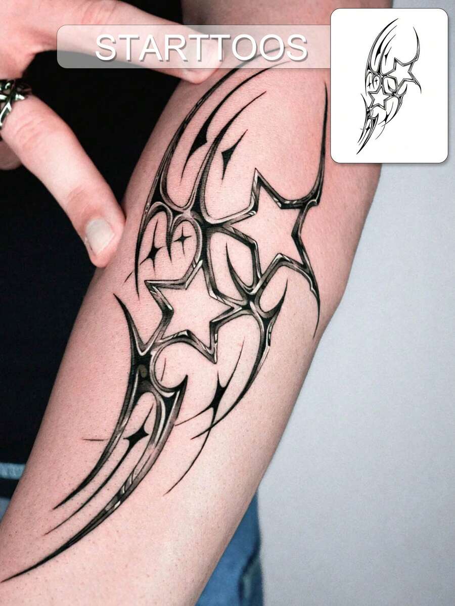 STARTTOOS 1 pieza Pegatina de tatuaje temporal para brazo grande con patrón de estrella mecánica ciber en metal líquido gris plateado - Negro - Ver 1