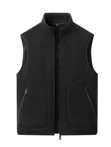 男士保暖内衬拉链背心，无袖户外休闲冬季背心，带拉链口袋，适合徒步、露营、街头穿搭叠穿，黑色 - 黑色 - 查看 4