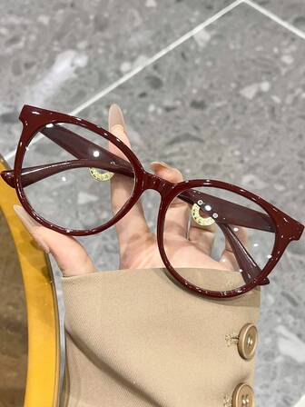 1 Pair Women's Burgundy Round Frame Decorative Clear Lens Glasses, Fashion &