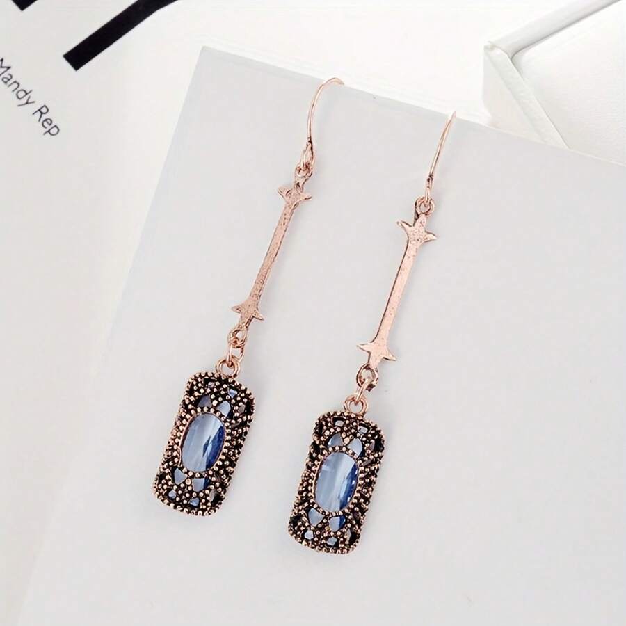 Fashion Geometric Earrings Vintage Pattern Green/Blue Rhinestone Zirconia Earrings For Women Jewelry Accessories Birthday/Halloween/Holiday Gifts Everyday Jewelry, Elegant Accessory - 藍色 - 查看 1