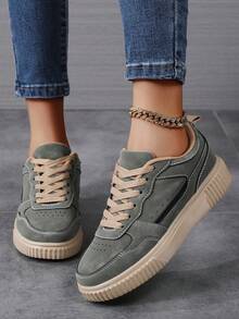 女士休闲运动鞋，系带皮革运动鞋，时尚圆头低帮鞋，时尚透气学生鞋，滑板鞋，适合学生，轻质 EVA 鞋底鞋 - 軍綠色 - 查看 4