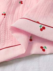 3pcs Bubble Crinkle Cherry Print Women Pajama Set - Short Sleeve Button Collar Top And Shorts + Long Pants - Hồng - Xem 4