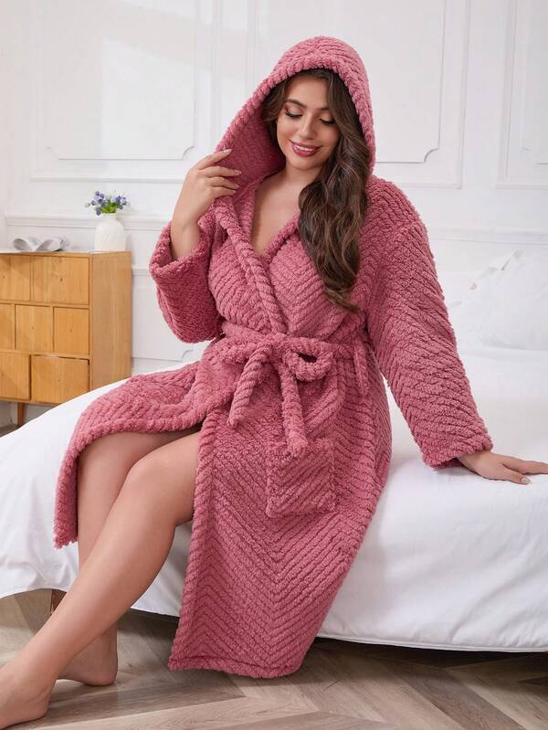 Große Größen Damen Einfarbiger Kapuzen-Gürtel-Plüsch Flauschiger Gemütlicher Morgenmantel, Bequeme Hauskleidung für Herbst/Winter