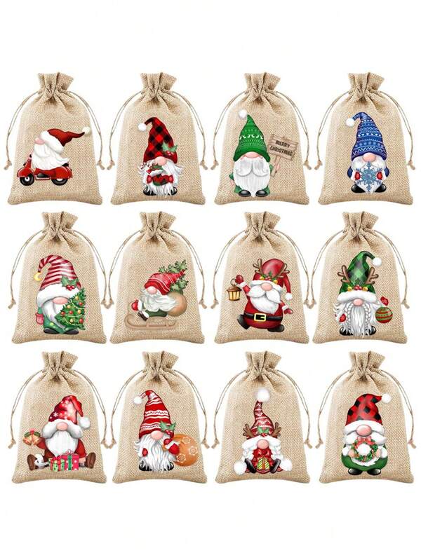 12/24pcs Christmas Gift Bags - Linen Drawstring Bags With Santa And Reindeer Designs, Perfect For Holiday Decorations, Jewelry, And Gift Storage. These Bags Are Perfect For Christmas Parties, Gatherings, And Gift Giving. These Bags Are Durable And Suitable For Christmas And New Year Gifts, Advent Calendars, Halloween, Holiday Decor, Seasonal Decorations, Art Displays, And Holiday Ornaments