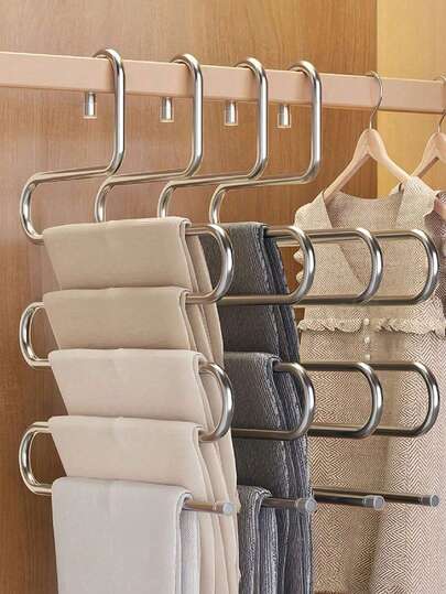 1pc/2pcs 5-Layer Clothes Hanger, Special Hanger For Hanging Trousers,Stainless Steel Non-Slip Pants Hanger For Home, Stainless Steel S-Shaped Anti Slip Pants Rack, Five Layer Pants Storage Rack, Multifunctional Snake Shaped Clothes Rack, Bathroom Towel Rack, Home Multi-Layer Wardrobe Built-In Storage Hanger