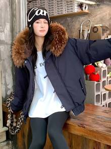 Stylish Women's Autumn/Winter Thick Warm Loose Hooded Cotton Jacket, Short Length, Korean Version, Fur Collar, Multi-Purpose Jacket - 藏蓝色 - 查看 4