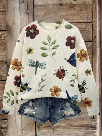 Digital Print Long Sleeve Sweater For Women, Fashionable Pullover Tops, Suitable For Autumn Winter