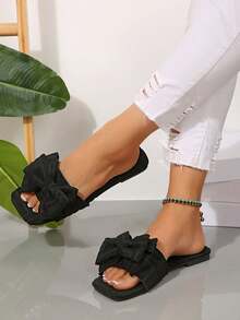 New Plus Size Women Comfy Simple Square Toe Cute Bow Knit Fluffy Slip-On Flat Sandals, Casual Fashion Outdoor Beach Slippers For Summer