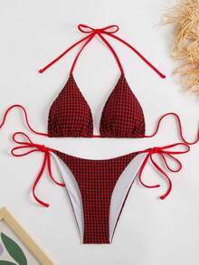 Bộ bikini hai mảnh màu đỏ kẻ caro gợi cảm dành cho nữ, quần bơi buộc dây bên hông, chất liệu hơi co giãn, thích hợp cho kỳ nghỉ. - Đỏ - Xem 1