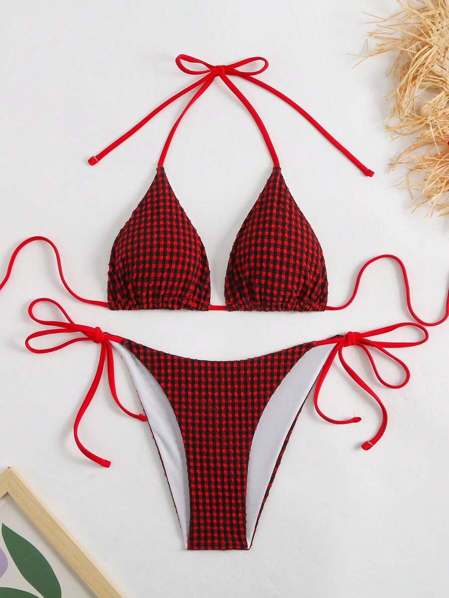 Bộ bikini hai mảnh màu đỏ kẻ caro gợi cảm dành cho nữ, quần bơi buộc dây bên hông, chất liệu hơi co giãn, thích hợp cho kỳ nghỉ. - Đỏ - Xem 1