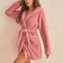 1 pieza - Bata de estilo europeo y americano para uso estacional, bata de novia y dama de honor, bata de hotel SPA, traje de sauna, bata de baño cálida para piscina al aire libre, bata larga con capucha y bolsillos de felpa suave y cálida para mujer, ropa de dormir de SPA - Multicolor - Ver 2