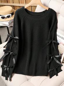 大码休闲圆领蝴蝶结撞色针织套头毛衣 - 黑色 - 查看 1