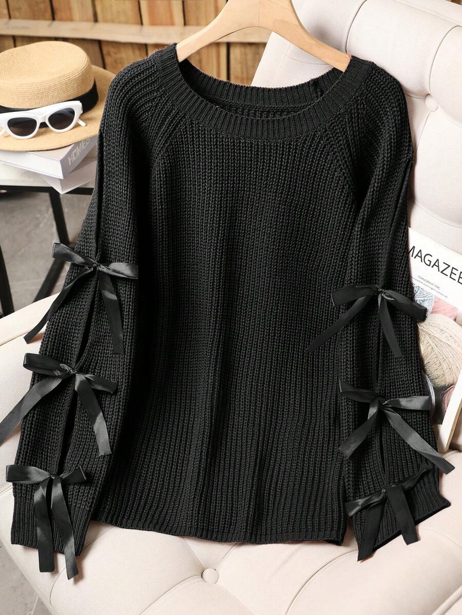 大码休闲圆领蝴蝶结撞色针织套头毛衣 - 黑色 - 查看 1