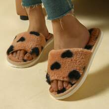 Women's Elegant Heart Pattern Plush Open-Toe Non-Slip Warm House Slippers, Autumn/Winter - Brown - View 4