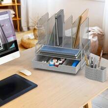 SimpleHouseware Mesh Desk Organizer with Sliding Drawer, Double Tray and 5 Upright Sections, Black - Plateado - Ver 3