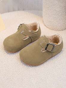 1 Pair Children's Shoes With Metal Buckle Decoration, Warm, Casual Shoes, Retro Style, Children's Thermal Lined Casual Shoes, For Daily Travel - Khaki - View 4