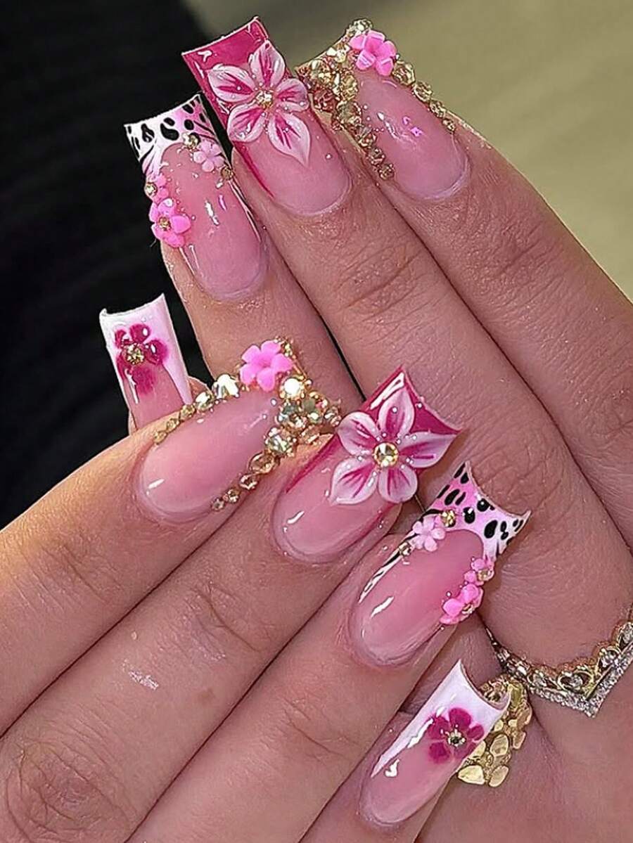 24片/套 Y2K 酷炫风中长款美甲贴片，采用甜美粉色豹纹、法式美甲和3D立体水晶花卉装饰设计，适合女孩/女士日常佩戴、派对和庆典等场合。 - 彩色 - 查看 1