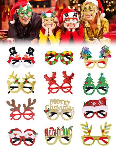 12件套 - 圣诞装饰眼镜，闪亮节日派对眼镜，圣诞装饰配件，圣诞派对服装眼镜，圣诞派对节日礼物，圣诞袜填充物，儿童最爱