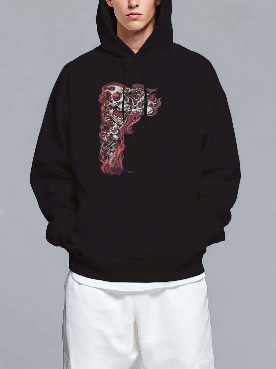 Y2K Gothic Punk Flaming Skulls Biker Grunge  Black Graphic Hooded Sweatshirt, Skulls Shirt, Unisex Hooded Sweatshirt, Gift For Men - Black - View 1