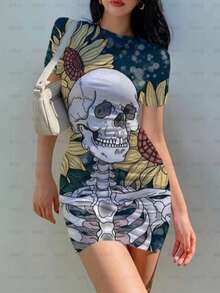 Vestido corto ajustado para dama unitalla 32 34 con estampado de calaveras coloridas y catrina floral ideal para Día de Muertos y Halloween, manga corta, mini vestido cómodo y femenino, prenda ligera de una sola pieza que estira ligeramente, no se transparenta, no se despinta al lavar, perfecto para fiesta temática, disfraces, reuniones, salidas nocturnas o uso casual, diseño llamativo que realza la silueta y combina con accesorios para un look único y original - Esqueleto y girasoles - Ver 2