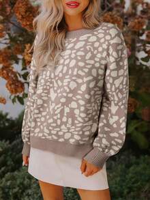 Acelitt 冬季女式灰色豹纹斑点图案罗纹边露肩毛衣，适合日常休闲宽松穿着