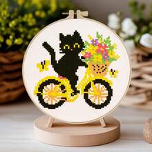 11CT Cross Stitch Kit - Sunflower Bird & Books, Beginner DIY Embroidery Set With Printed Patterns (Autumn House, Cycling Cat), Includes Embroidery Frame, Threads, Instructions, Home Decor, Therapeutic Gift