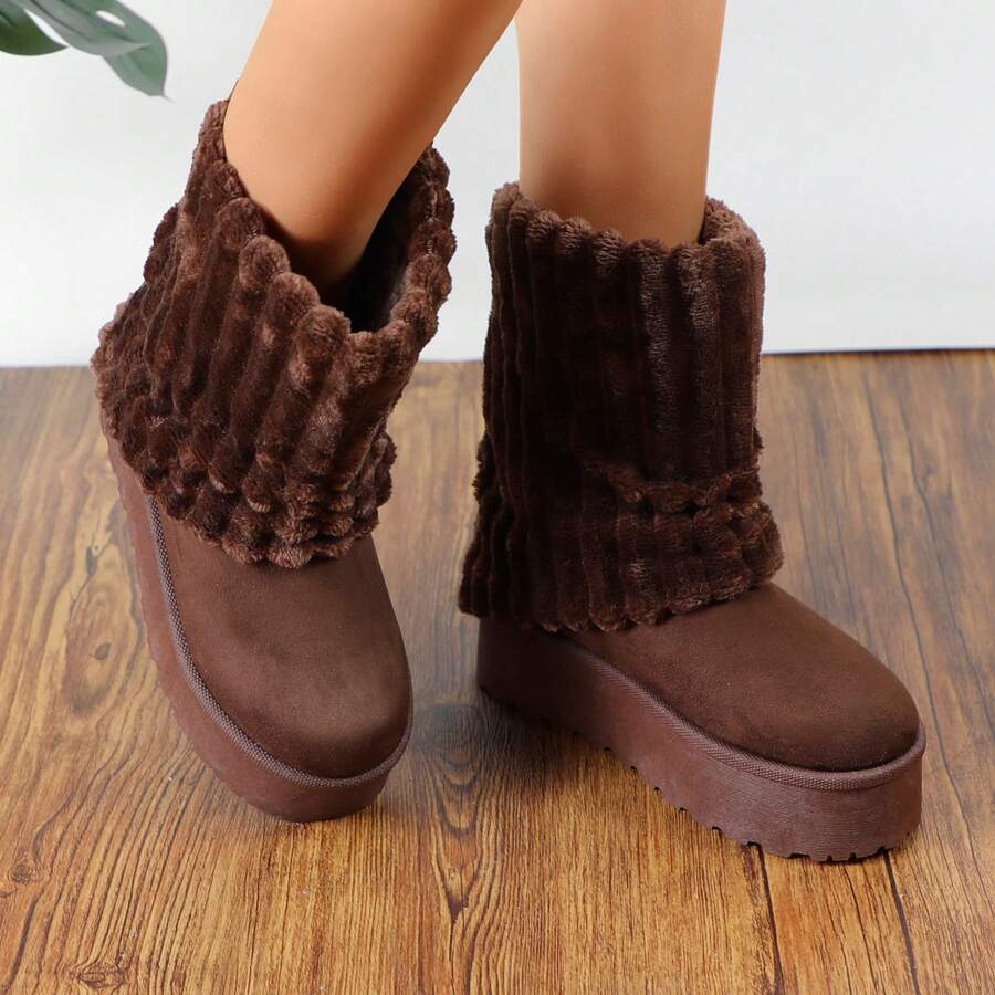 lunryet Women's Platform Fur Boots, Fuzzy Fleece Lined Ankle Booties, Anti-Slip BONA-6 - 棕色 - 查看 1