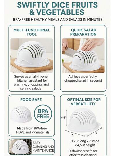 [أداة تقطيع الخضروات للطباخ الكسول] وعاء تقطيع الخضروات والفواكه متعدد الوظائف مع حماية اليد، مصفاة وحوض تحضير السلطة بكفاءة