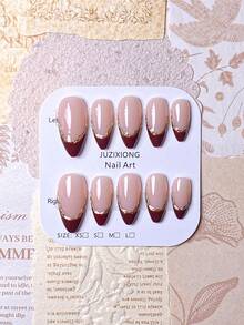 10片手工按压式美甲贴，短指甲，假指甲，杏仁形，法式美甲，粉色、黑色、红色、绿色、棕色、金色、豹纹，可爱简约优雅风格，手工绘制不对称法式金色藤蔓边缘，闪亮猫眼法式尖头，适合女性和女孩的杏仁形美甲贴纸，美甲用品，手工按压式美甲贴 - 紅色 - 查看 4