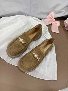 Comfortable Women's Flats, Deep Mouth Thermal Lining For Autumn/Winter, Faux Pearl Metal Decor, Soft Flat Oxfords, Elegant Casual Versatile For All Occasions