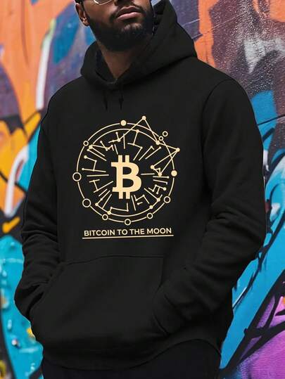 Men's Bitcoin To The Moon Hoodie, Polyester, Casual Long Sleeve Pullover, Regular Fit,  Printed Top, Youth Autumn & Winter Fashion, Unisex Crew Neck Sweatshirt