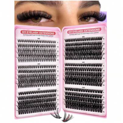 Set de pestañas postizas en racimo de 640 piezas/570 piezas/300 piezas, pestañas sintéticas de pelo de marta de 30D/40D/50D/60D/80D/100D mezcladas, rizo de 0.07mm, longitud de 8-18mm, incluye pestañas de estilo natural, volumen ruso 3D adecuado para principiantes, reutilizable, para uso doméstico