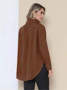 Women's Plain Viscose Shirt With Swallowtail Hem And Long Sleeves 3738# - 咖啡棕 - 查看 2
