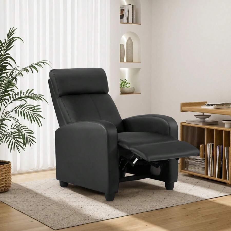 | Recliner Chair | No Massage Function | Leather Black | With Lumbar Support, Adjustable Push Back, Wide Armrests, Footrest & Padded Seat | Easy Assembly | For Living Room, Home Theatre - 黑色 - 查看 1